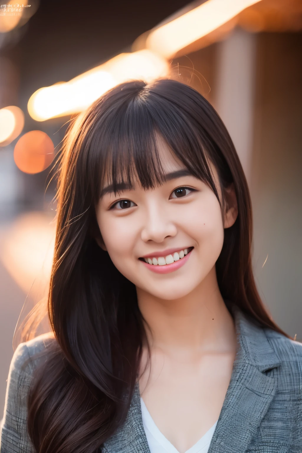 1 slender girl, bangs, smiling, with staff, cinematic lighting, (8k, masterpiece, top quality, raw photo), action, A little acne and a few moles