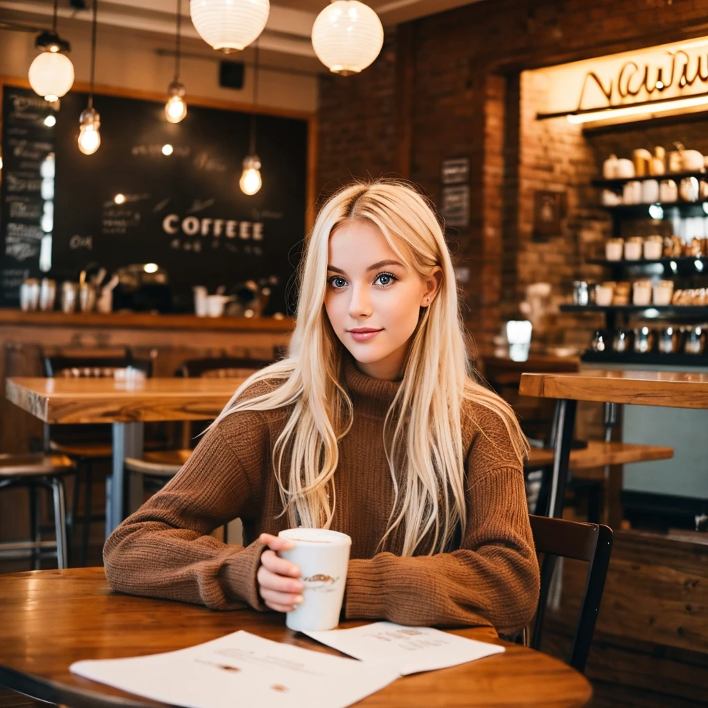 blonde woman sitting at a table with a cup of coffee, enjoying coffee at a coffee shop, cute woman, attractive girl, mysterious coffee shop girl, anna nikonova aka newmilky, sitting in a cafe, sitting in a cafe alone, gorgeous lady, beautiful blonde girl, sitting on a mocha-colored table