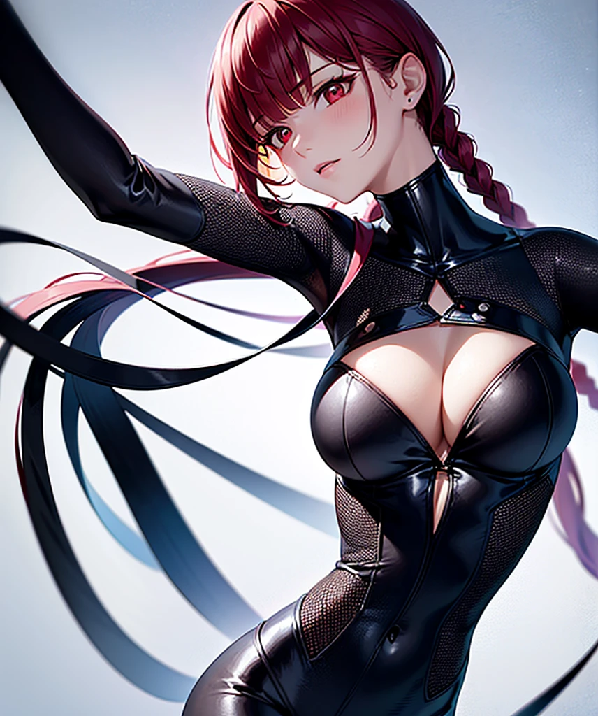 A girl with short red bob hair, intricate braids, and intense red eyes. She is wearing a silver and red Ultraman bodysuit that perfectly accentuates her large chest. The girl strikes a stylish pose, radiating confidence and strength. The artwork is in the style of "Ultragirl" (1.0), combining elements of futuristic sci-fi and anime. The color palette is dominated by silver and red hues, creating a sharp and dynamic visual impact. The lighting emphasizes the girl's features, casting dramatic shadows that add depth and definition to the scene. The overall image quality is of the highest standard, with ultra-detailed rendering and high-resolutions, capturing every intricate detail with precision.