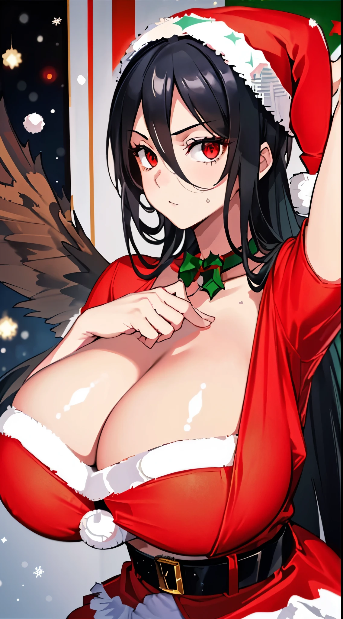 8k、crazy_eyes, (Masterpiece, Precision, Premium Quality:1.3), Alone, One Girl, Black Hair,straight hair, Red Eyeshadow,Red Eyeliner: 1.2, Black wings extending from the waist, looking at the camera, (gigantic breasts:1.7), (Colossal tits:1.5),(Long Breasts:1.6), Expressionless, halo , Sweating profusely,Lower grade，hi-school girl,Show off，frontage,((1girl in,Alone))、brightly lit room,from front, ((Santa dress:1.5)), 