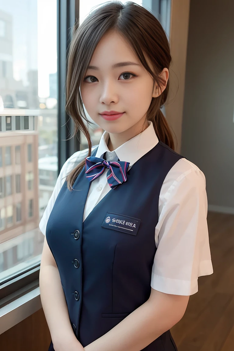 1 girl, adult, Vest, bow, photo, actual, best quality, employment, Detailed face, office, Buildings outside the window, Detailed background, diffuse sunlight, depth of field, Bokeh
