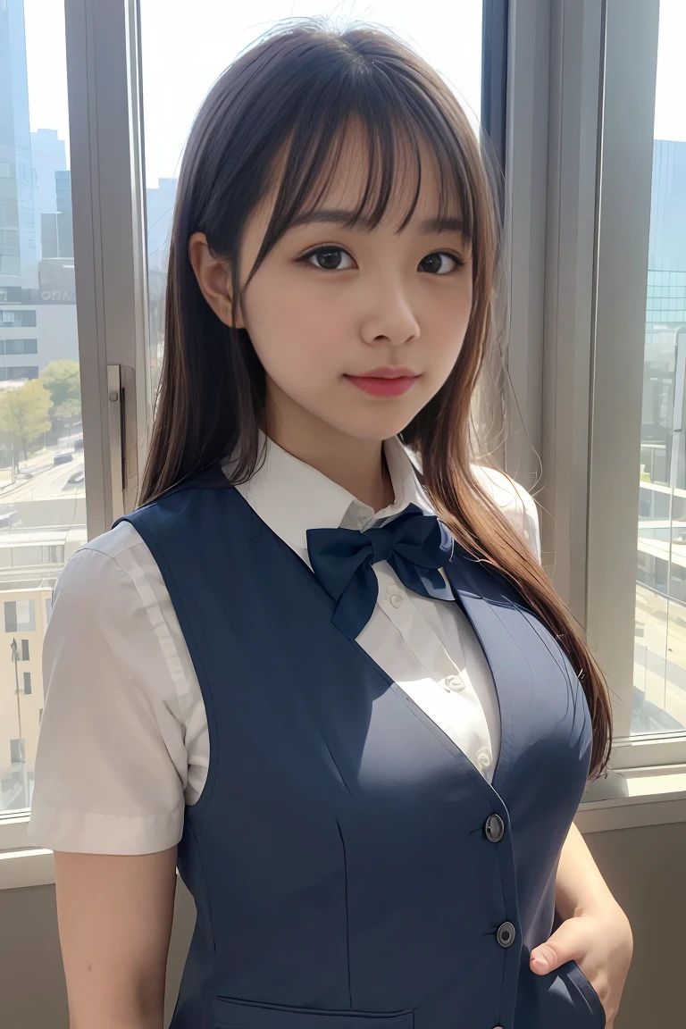 1 girl, adult, Vest, bow, photo, actual, best quality, employment, Detailed face, office, Buildings outside the window, Detailed background, diffuse sunlight, depth of field, Bokeh