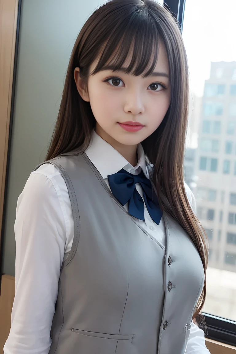 1 girl, adult, Vest, bow, photo, actual, best quality, employment, Detailed face, office, Buildings outside the window, Detailed background, diffuse sunlight, depth of field, Bokeh