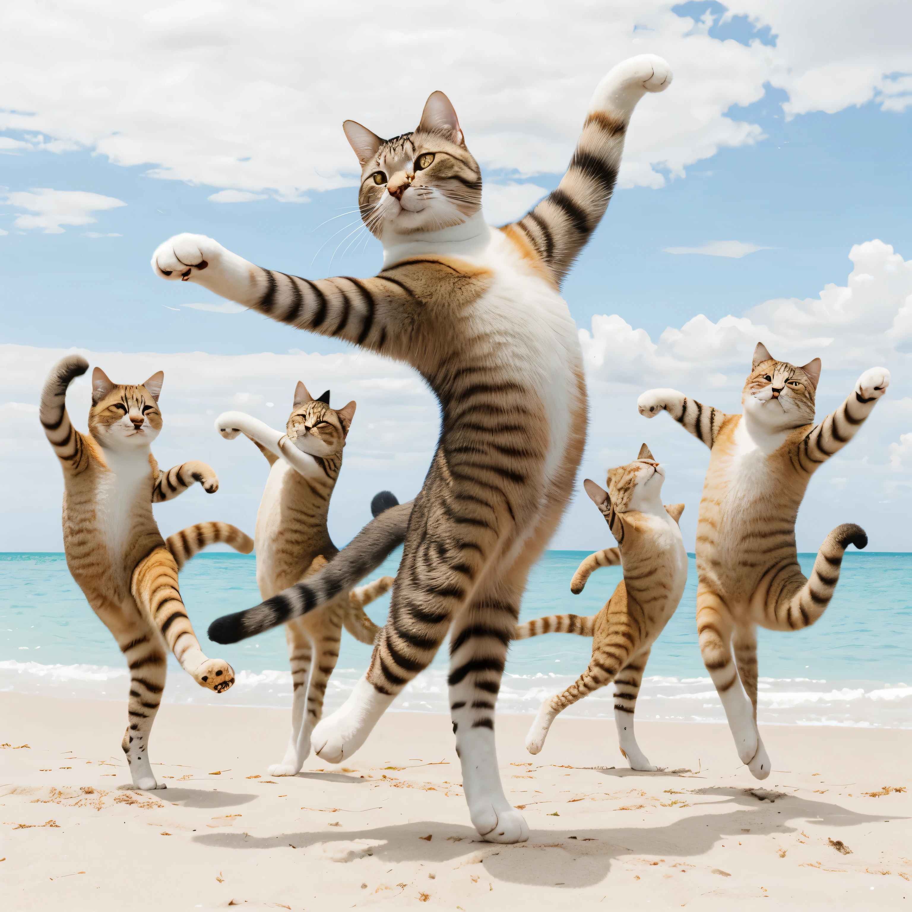 realistic cat gymnastics、Very realistic cat、dancing, thatぞれポーズが違います, that'Looks like a dance studio, dynamic pose, Fierce dance, super fine、Finish as shown in the photo、8K、The background is a bright sandy beach、((blue sky))
