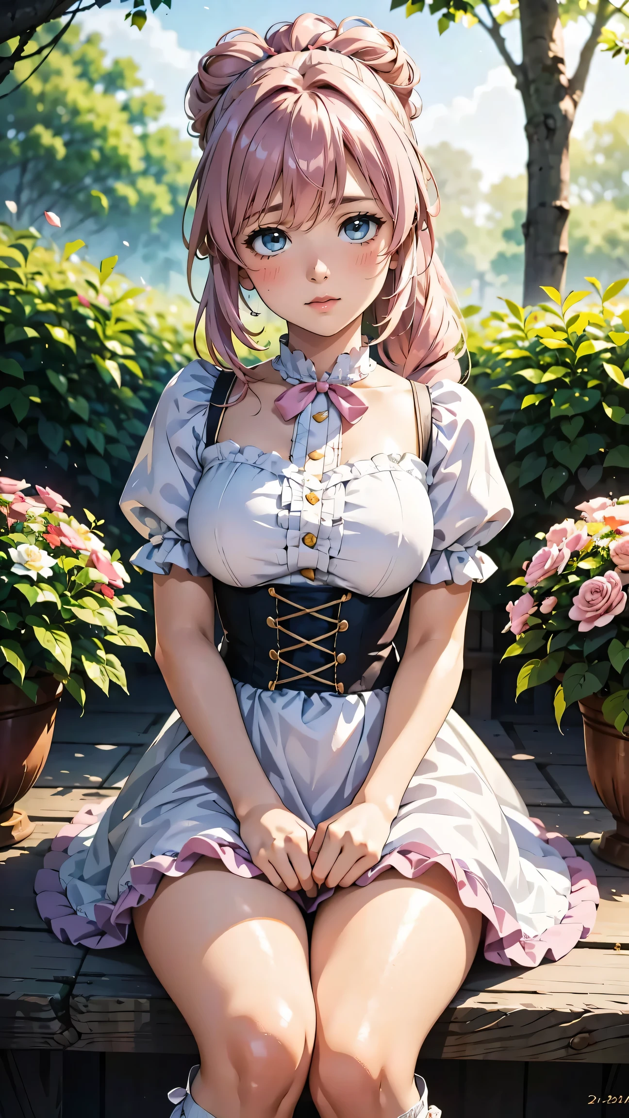(Masterpiece, BestQuality:1.3), (ultra detailed:1.2), (hyperrealistic:1.3), (RAW photo:1.2), High detail RAW color photo, professional photograph, (Photorealistic:1.4), (realistic:1.4), (Pink Hair:1.5), professional lighting, perfect anatomy, (Big Breasts:1.2), (blush, detailed face), (A happy smile:1.7), sexly, erotic sexly, Random sexy gravure poses, (Beautiful cosplayer in a black and pink lolita dress、Sitting elegantly in a Victorian garden、Smiling。With a big ribbon on her head、She is holding a lace handbag in her hand。:1.3)