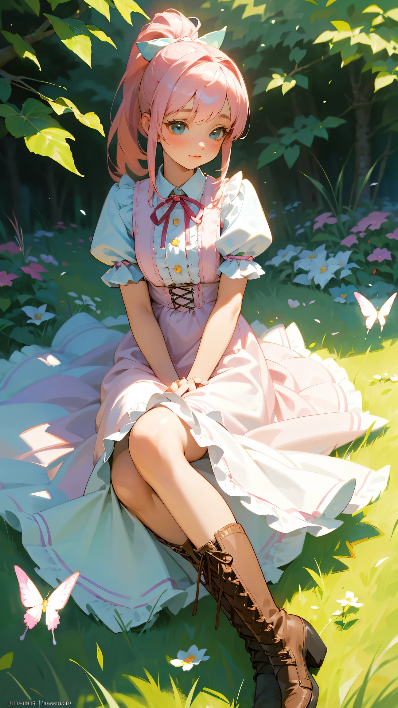 (best quality,4K,8k,high resolution,masterpiece:1.2),Super detailed,(actual,photoactual,photo-actual:1.37),cute anime girl,big bright eyes,red face,playful expression,Long pale hair,Two buns,Pink bow,cute clothes,frilly dress,Big puff sleeves,fancy ribbon,ponytail,Striped socks,Lace-up boots,in a blooming garden,with vibrant flowers,flying butterflies,soft green grass,Bright blue sky,Soft sunlight pours down through the trees,ethereal light,traditional watercolor style,warm pastel color palette,Soft brushstrokes,Hint of cherry blossom petals,Sophisticated and dreamy atmosphere,harmonious composition,Light and airy feel