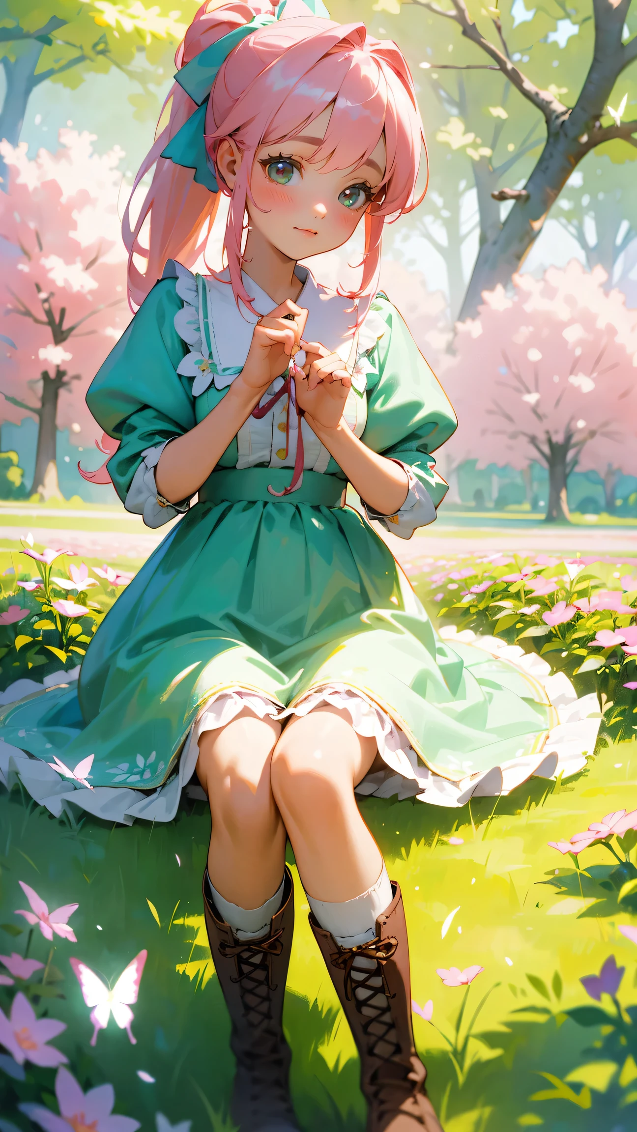 (best quality,4K,8k,high resolution,masterpiece:1.2),Super detailed,(actual,photoactual,photo-actual:1.37),cute anime girl,big bright eyes,red face,playful expression,Long pale hair,Two buns,Pink bow,cute clothes,frilly dress,Big puff sleeves,fancy ribbon,ponytail,Striped socks,Lace-up boots,in a blooming garden,with vibrant flowers,flying butterflies,soft green grass,Bright blue sky,Soft sunlight pours down through the trees,ethereal light,traditional watercolor style,warm pastel color palette,Soft brushstrokes,Hint of cherry blossom petals,Sophisticated and dreamy atmosphere,harmonious composition,Light and airy feel