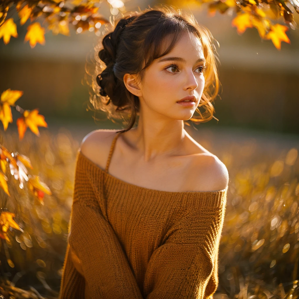mid-shot, a beautiful woman looking into camera, off shoulder sweater by Chris Foss autumn lights