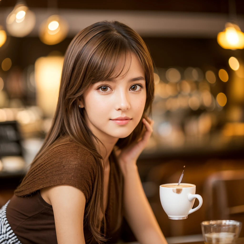 Girl in a café, brown-hair, brown eye, (8K, photo in RAW format, beste-Qualit, tmasterpiece:1.2), Ultra-detailed, (high-detailed skin:1.2), 8K UHD, DSLR camera, soft-lighting, hiquality