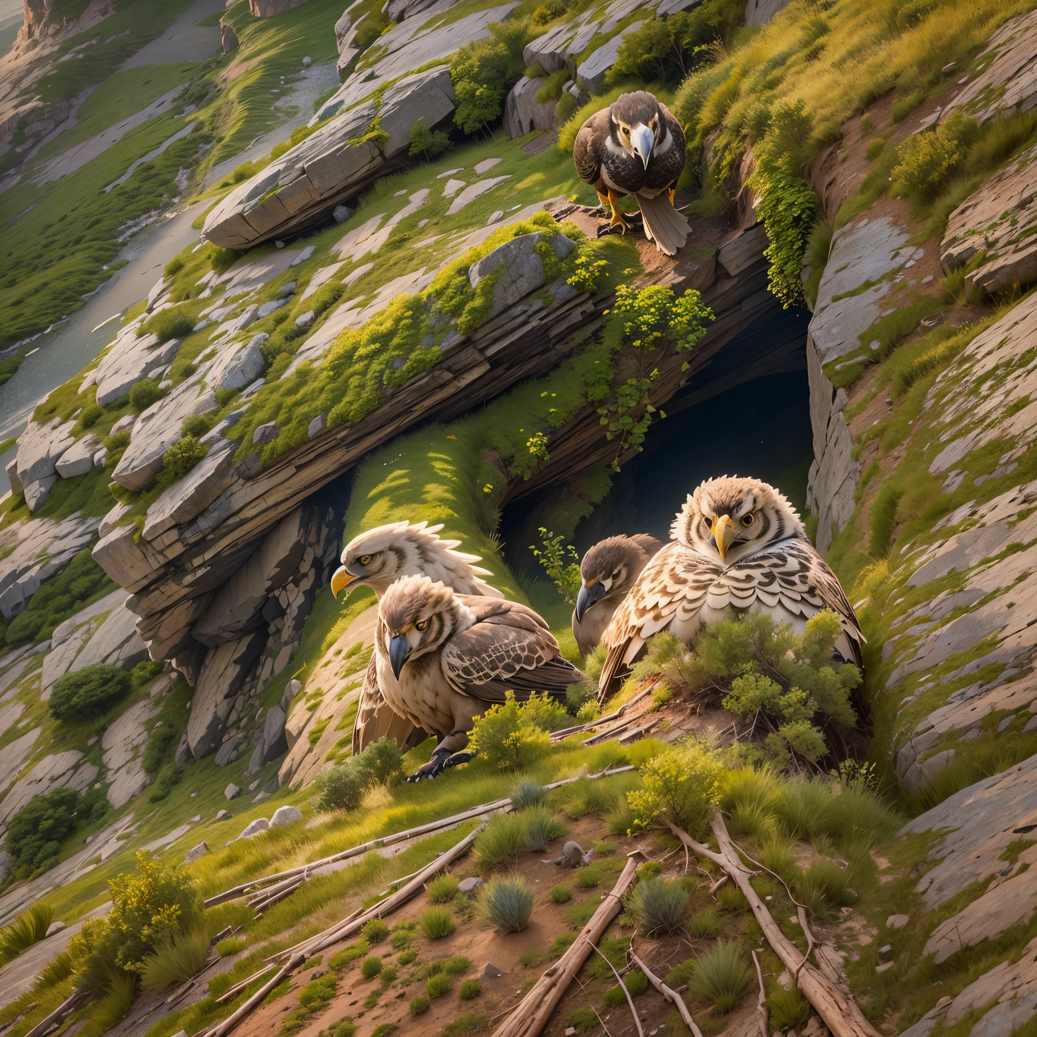 Woven hay and mud nests located on steep cliff faces, Golden eagle cubs in the nest,eating,Ultra-detailed,lifelike:1.37,Bright colors,soft light