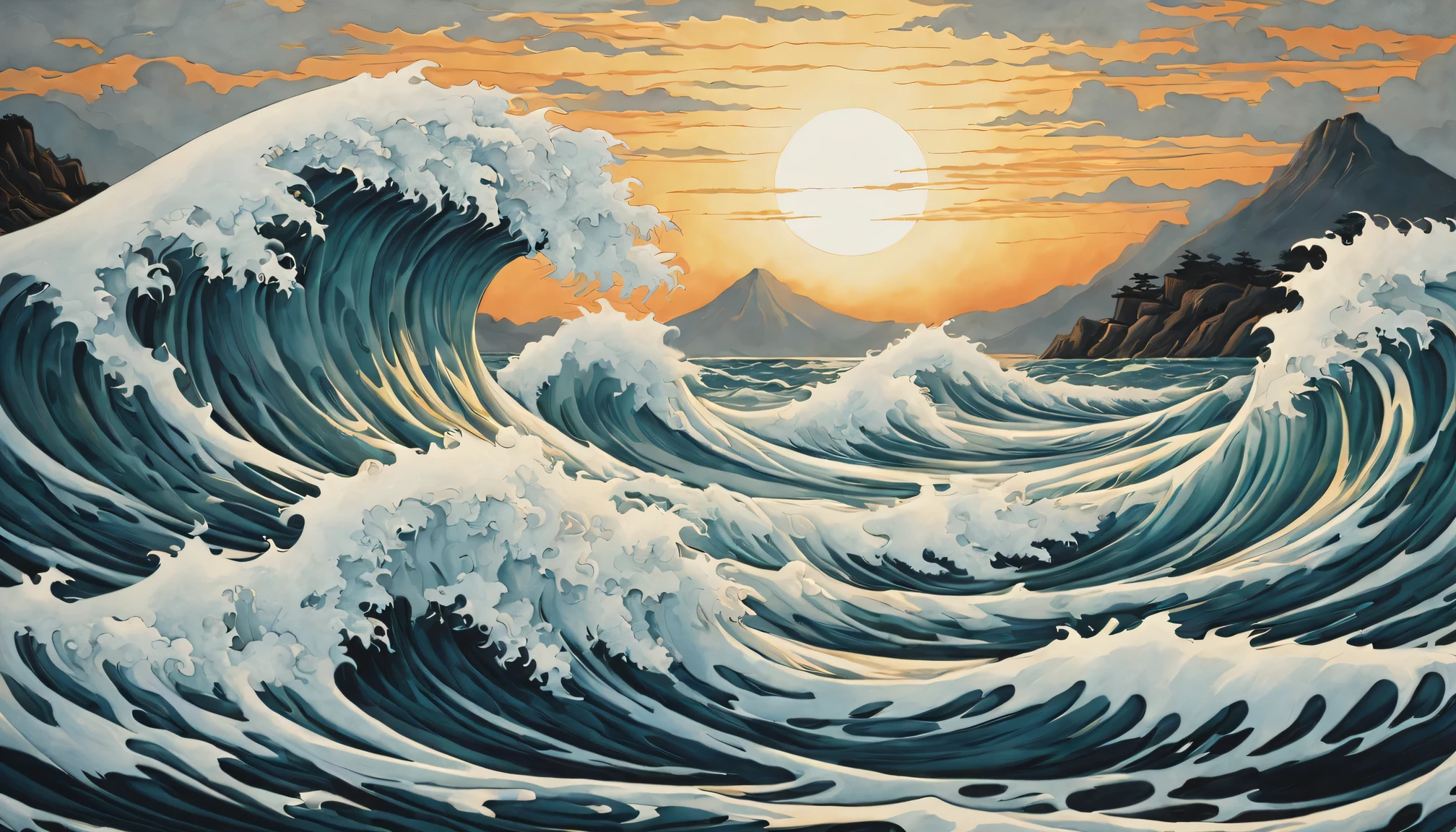 best quality,Super detailed,actual,impressive wave art,Japanese Ukiyo-e style painting,dragon wave,gorgeous color,masterpiece:1.2,powerful,body fluid,exquisite texture,Japanese influence,exaggerated shapes and lines,Dynamic movement,water splash,majestic sea,peaceful atmosphere,Elegant and complex pattern,pure white foam,Elegant Swirls and Curls,harmonious composition,Traditional woodblock printing technology,precise strokes,Meticulous attention to detail,Peaceful and energetic,The game of light and shadow,Contrasting tones,Dramatic perspective,Reflective water surface,Vibrant shades,Transcendent beauty.