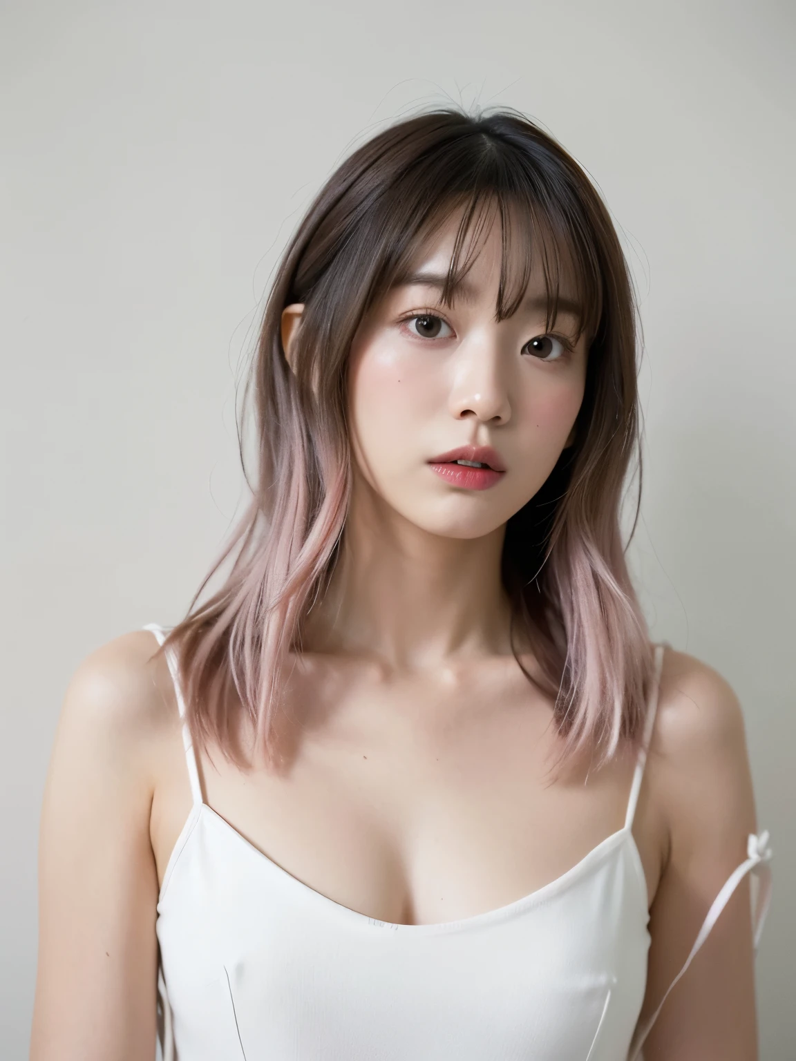 See-through tops、巨乳、キャミソール、くびれ、腹筋、さらさらな髪の毛、(背景にwhite wall、Part of her hair is Baby Pink:1.4)、white wall、Taken in front of the white door、(窓のあるwhite wallの部屋)、((highest quality、8K、masterpiece:1.3))、ultra high resolution、(photorealistic:1.4)、raw photos、Japanese,(details face)、real、Shot in natural light、Highly detailed face and skin texture、highly detailed lips、correct state of the human body、medium hair、black hair、various poses、natural color lip
