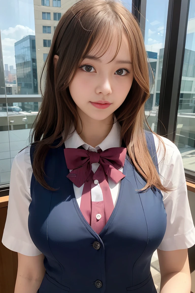 Best picture quality， tmasterpiece， 32K，超高分辨率，high school school uniforms，（Ray traching:1.3），1girll，Untie your clothes，Expose half of the breast，（Large breasts：1.5）（Fidelity：1.4）Pink lips，Sexy eyes