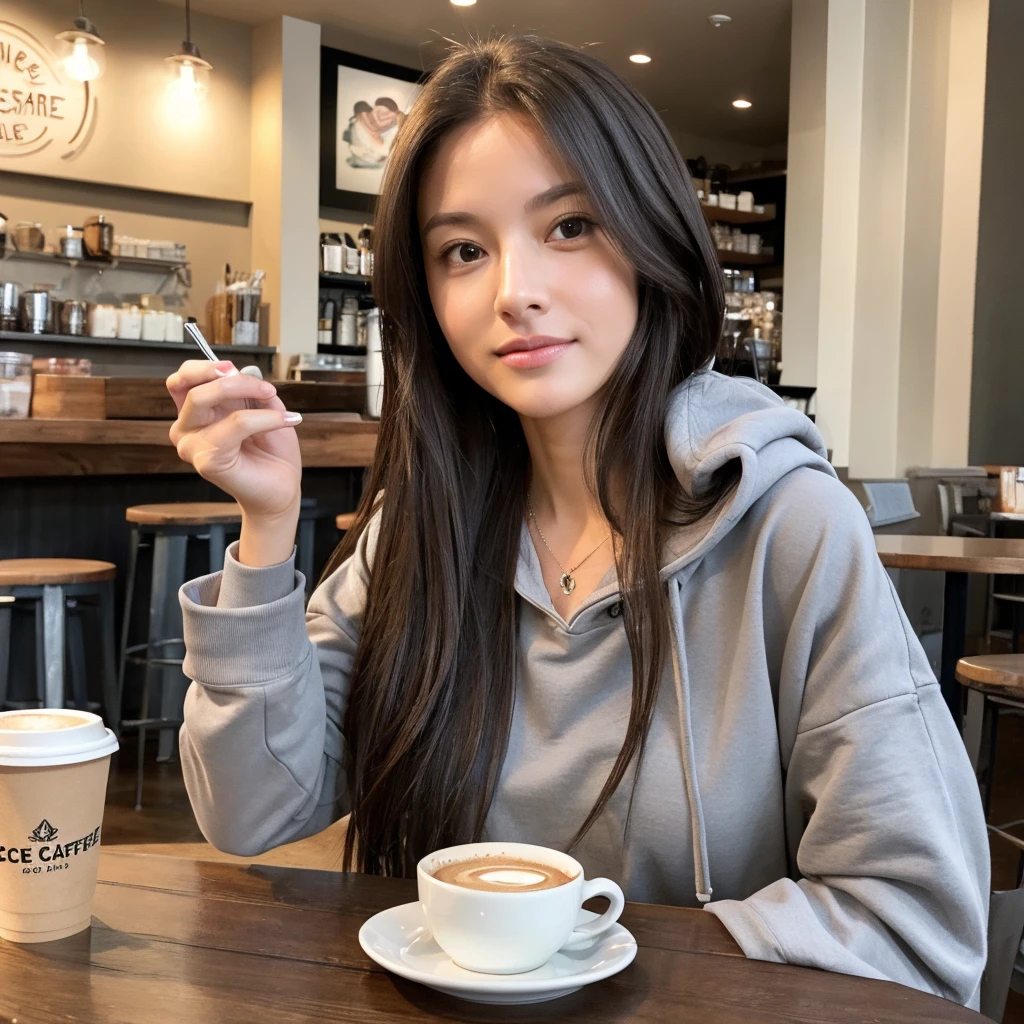 (realistic、High resolution:1.3)、There's only one American girl with a perfect figure、super thin face and eyes、long hair、Tank top、at the cafe、coffee on the table、C cup、Wearing a gray hoodie
