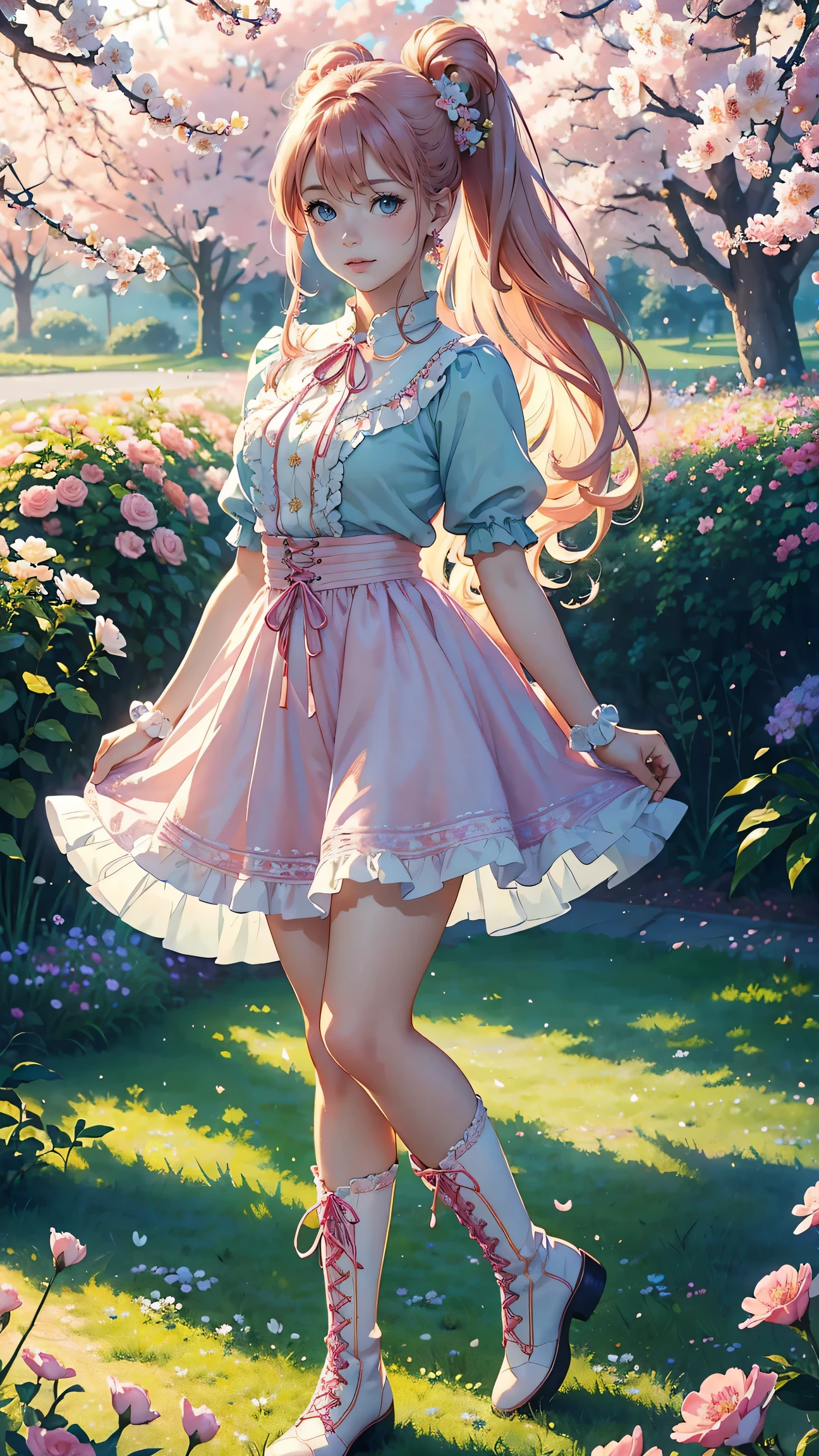 (best quality,4K,8k,high resolution,masterpiece:1.2),Super detailed,(actual,photoactual,photo-actual:1.37),cute anime girl,big bright eyes,red face,playful expression,Long pale hair,Two buns,Pink bow,cute clothes,frilly dress,Big puff sleeves,fancy ribbon,ponytail,Striped socks,Lace-up boots,in a blooming garden,with vibrant flowers,flying butterflies,soft green grass,Bright blue sky,Soft sunlight pours down through the trees,ethereal light,traditional watercolor style,warm pastel color palette,Soft brushstrokes,Hint of cherry blossom petals,Sophisticated and dreamy atmosphere,harmonious composition,Light and airy feel