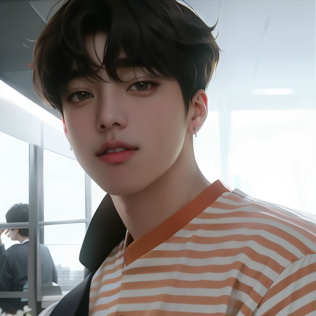 homem arafiado com camisa listrada e celular, Jungkook, adorable and pale korean face, taejune kim, Jinyoung Shin, Kim Doyoung, giga chad chorando, Jung Jaehyun, hyung tae, who is siwoo, rosto bonito, ironic smile, ele tem cabelo castanho curto e encaracolado, Shin Jeongho, ele tem um brilho vindo dele, bts jungkook, bts, jeon jungkook, kpop boy, korean male face