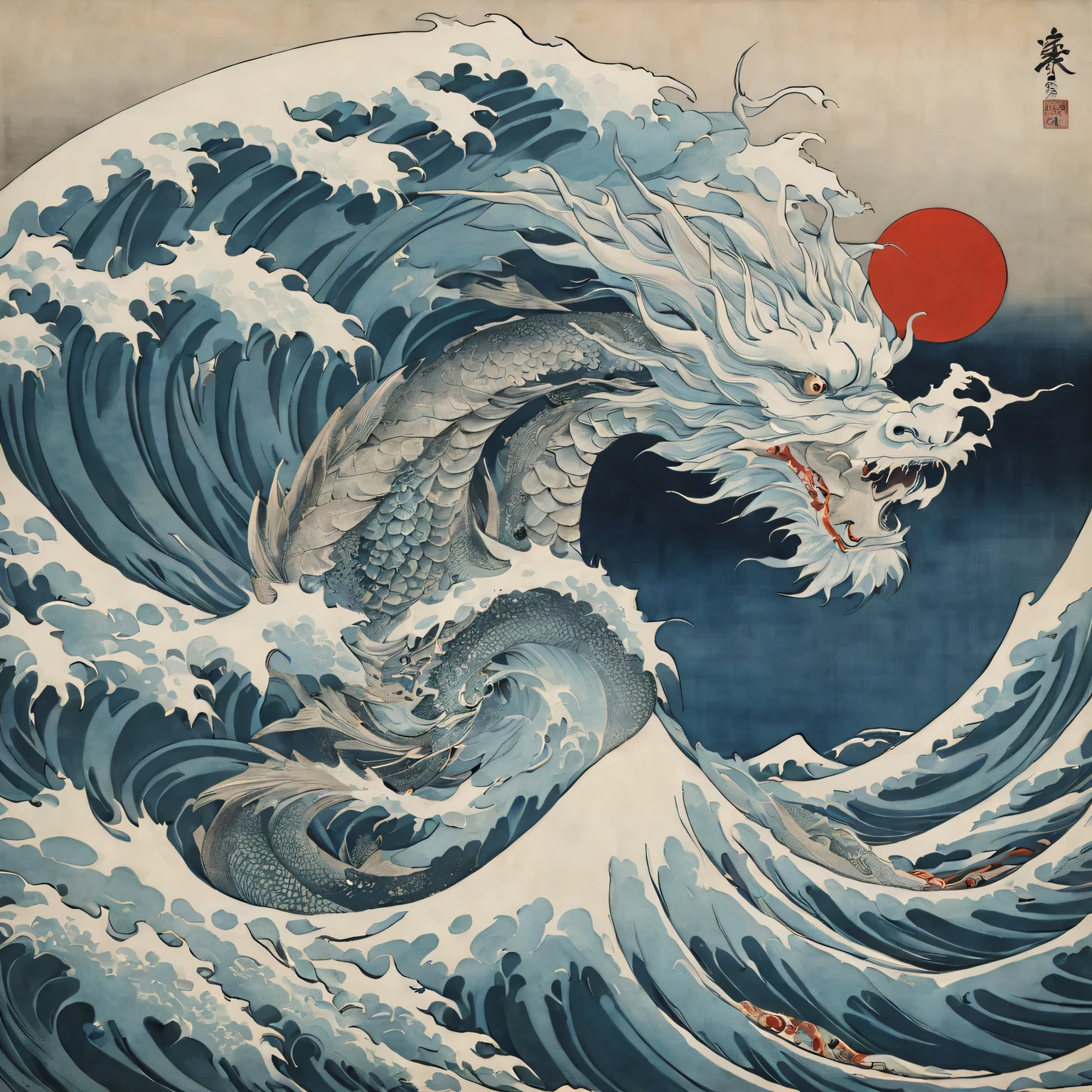 Ukiyo-e and silver dragon-like wave relief art