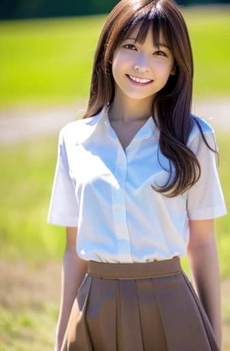 highest quality, soft light, ultra high resolution, (realistic:1.4), full_body,RAW photo, 1 japanese girl, alone, cute, (pupil, light in the eyes), detailed beautiful face,(High resolution details of human skin texture), (long hair), outdoor, Y-shirt,skirt, (portrait),spring,smile,jump