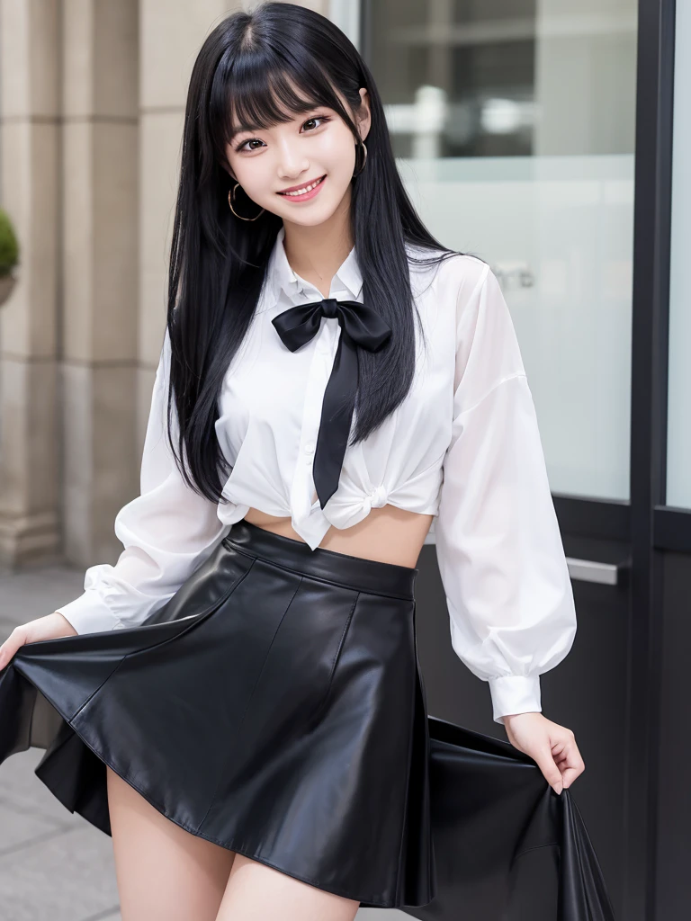 Female idol, dressed in black dancer, long black hair, flat bangs, hair tied in one knot, black skirt, female idol, the face, look at viewer, smiling