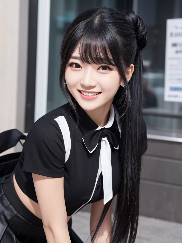 Female idol, dressed in black dancer, long black hair, flat bangs, hair tied in one knot, black skirt, female idol, the face, look at viewer, smiling