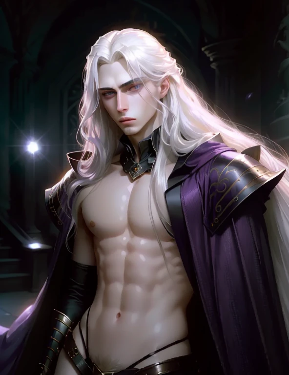 masterpiece, highest quality, (solo focus), (perfect face:1.1), (high detail:1.1), dramatic, 1guy, (pale skin), long white hair, purple eyes, (light eyebrows), solo, long hair, Gerhard Freidl, moon, night, red and blue luxury thongcovered navel, pouty lips, fur, arrogant expression, futuristic city, detailed background, art by artgerm, cinematic lighting, roses, fashion, BalenciagaStyle