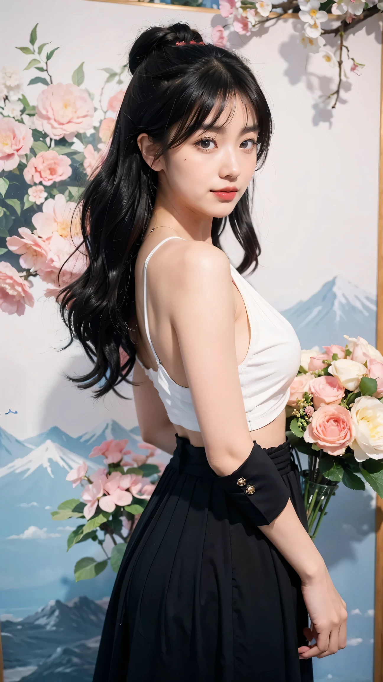 (最OK质量,4K,8k,high resolution,masterpiece:1.2),super detailed, moon, cloud,night, 1 girl,Smile、black hair color hair、OK、red lips、steady、intellect, hairpin, hair flower,blue eyes,long hair,hydrangeas,Sideways ,alone, station,uniformity(curly),Traditional media, high quality,Peach blossom background。
