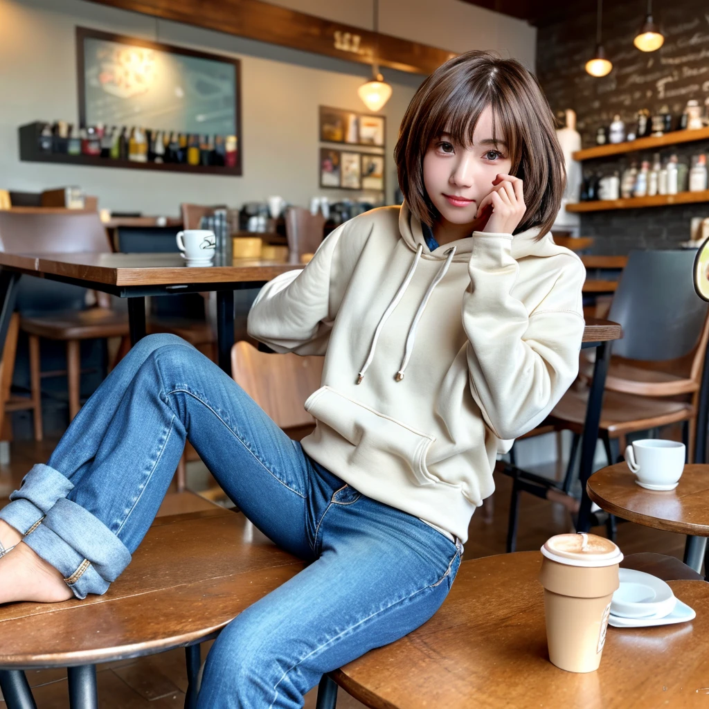 (realistic、High resolution:1.3)、Just one girl with a perfect figure、super thin face and eyes、short hair、hoodie:1 in random color.2、short jeans、at the cafe、coffee on the table