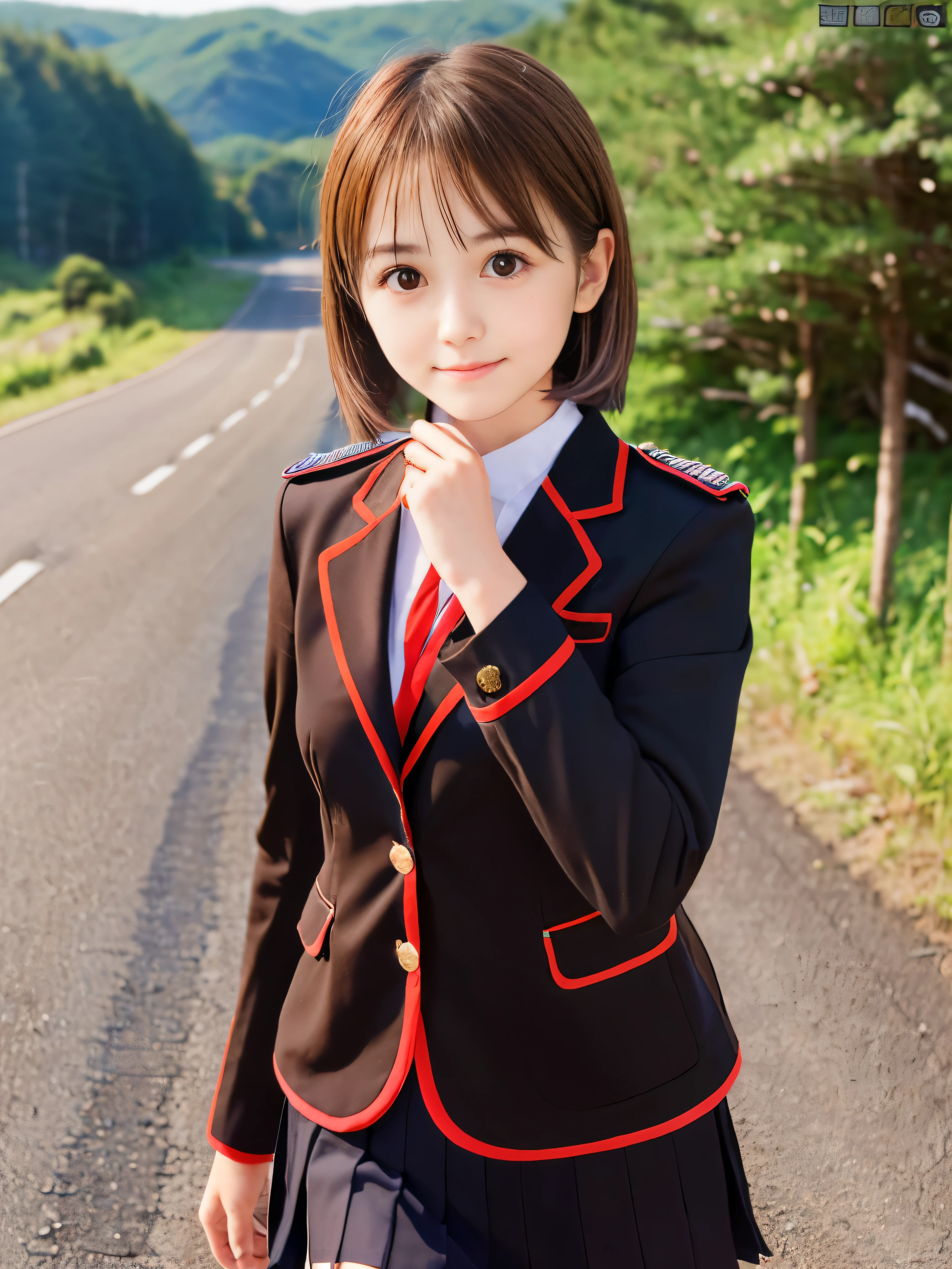 (Close-up portrait of a girl、Has a round face and short brown hair, dressed in a black blazer uniform with a red cropped collar and black skirt。 :1.5)、(the girl has brown eyes、Walking down a country road in Japan with a small smile on my face:1.5)、(Uniform of black blazer and skirt with red trim collar)、(anatomically correct:1.3)、(full hand:1.3)、(Refers to the whole:1.3)、Photoreal、RAW photo、table top、highest quality、High resolution、delicate and beautiful、perfect face、beautiful and detailed eyes、Fair skin、real human skin、((thin legs))