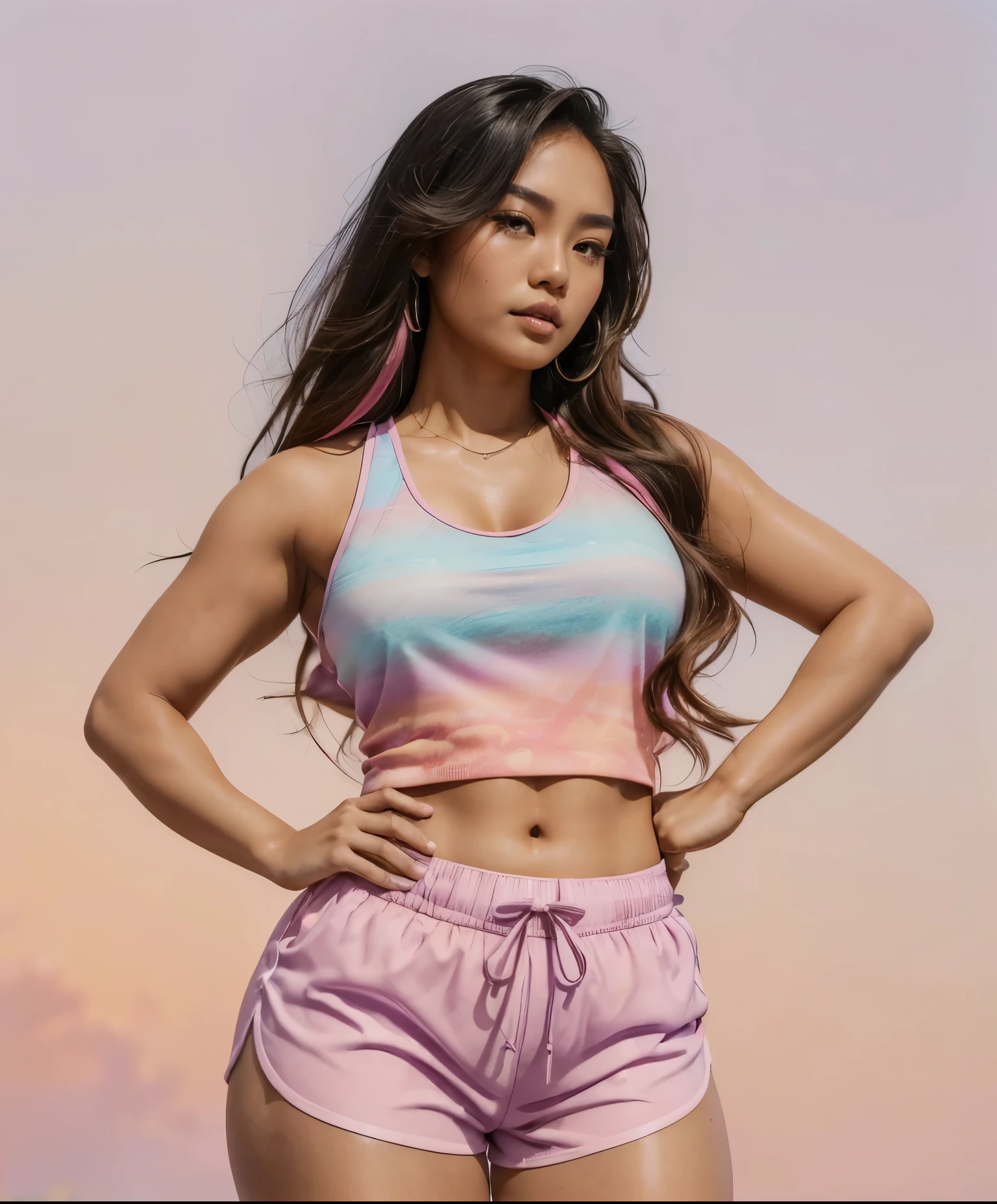 (Sexy tanned Polynesian|Asian woman, 1girl:1.2, thicc hourglass figure, perfect eyeliner:1.2), (masterpiece:1.4, best quality), medium breasts, unity 8k wallpaper, ultra detailed, (pastel background, wearing gym shorts and colorful tank top:1.3), alluring pose, upper body, ass, beautiful and aesthetic, detailed, solo