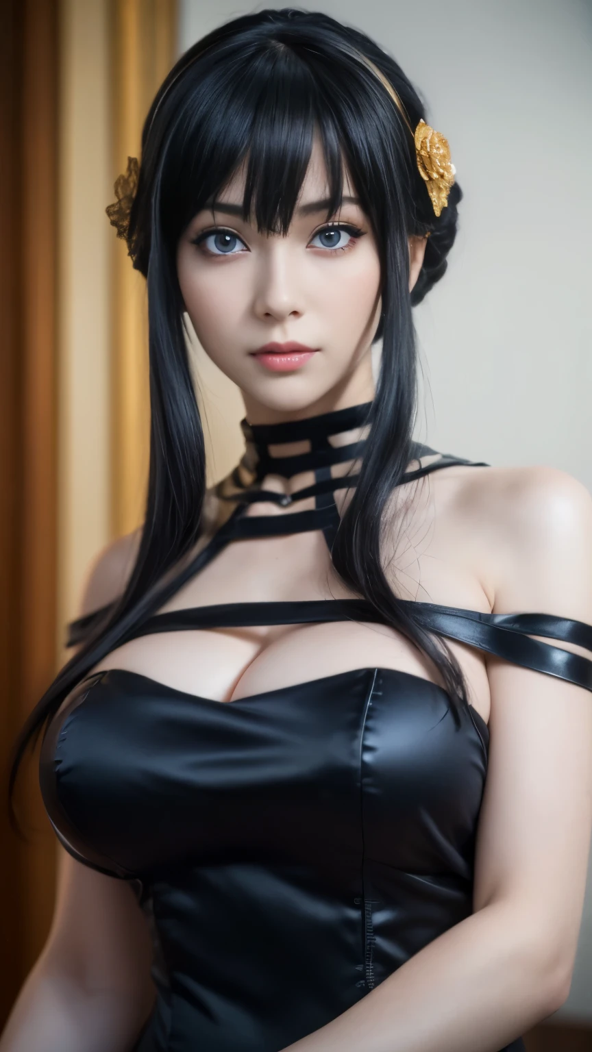 Yor, yor forger, anime, spy x family, ((anime cosplay)), 1 girl, wide range photoshoot, wide range, (milf), beautiful face, clear face, ((hot body)), ((yor dress)), ((spyxfamily)), spy x family, ((assassin suit dress)), ((cosplay dress)), ((((Huge breasts: 0.8)))), ((no breasts)), coverd, (((Realistic))), ((well dressed)), waist curve pose, front side, (8k, RAW photo, top quality, masterpiece), (Realistic, photorealistic: 1.9), ((Full body shot)), stylish pose, ((Highly detailed skin: 1.2)), ((Realistic: 1.9)), Photos, masterpieces, top quality, (beautiful blue eyes, gorgeous pale grey black curly hair, white skin, thick body, lower abdomen bristles, perfect slim figure), various poses, ultra-detailed face, detailed eyes, a lot of people are looking at her with excitement, (((close-up)))