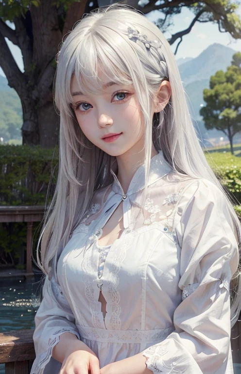 (high resolution)、(8k)、(Very detailed)、(Best Illustration)、(Beautiful and delicate eyes)、(top quality)、(Super detailed)、(​Masterpiece)、(wallpaper）、（a delicate face）1 girl looking at the audience、fine detail、a delicate face、bright sunshine、deep shadow、low profile、purebred face_v1、a smile、Pixie cut、women&#39;s shirts、46 points oblique bangs、Long white hair