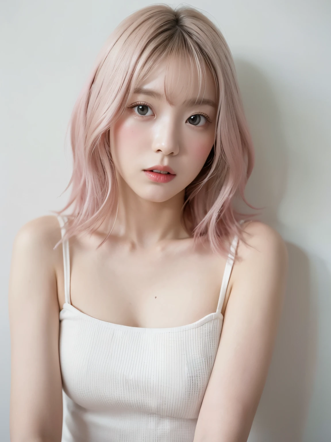 See-through tops、巨乳、キャミソール、くびれ、腹筋、さらさらな髪の毛、(背景にwhite wall、Part of her hair is Baby Pink:1.4)、white wall、Taken in front of the white door、(窓のあるwhite wallの部屋)、((highest quality、8K、masterpiece:1.3))、ultra high resolution、(photorealistic:1.4)、raw photos、Japanese,(details face)、real、Shot in natural light、Highly detailed face and skin texture、highly detailed lips、correct state of the human body、medium hair、black hair、various poses、natural color lip