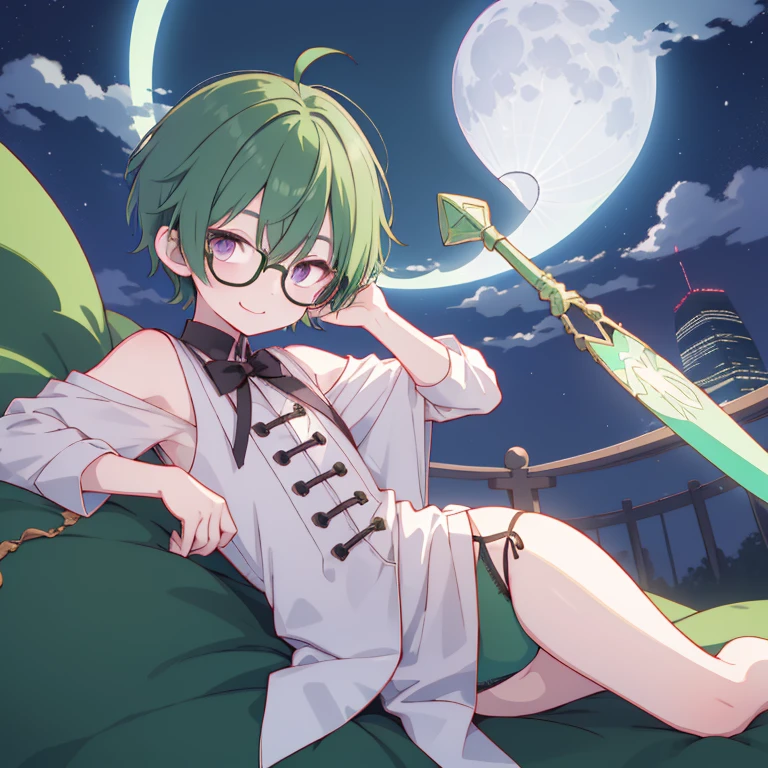 Shota boy,green hair,short hair,wearing a black circle glasses,two green antenna,purple eyes,cute,white skin,innocent,smiling,shy,night in shanghai,fullbody,in the night sky with clouds and moon,sleeping,holding a crescent-shaped magic staff,lying in the sky,quality picture,cute panties,wearing stocking