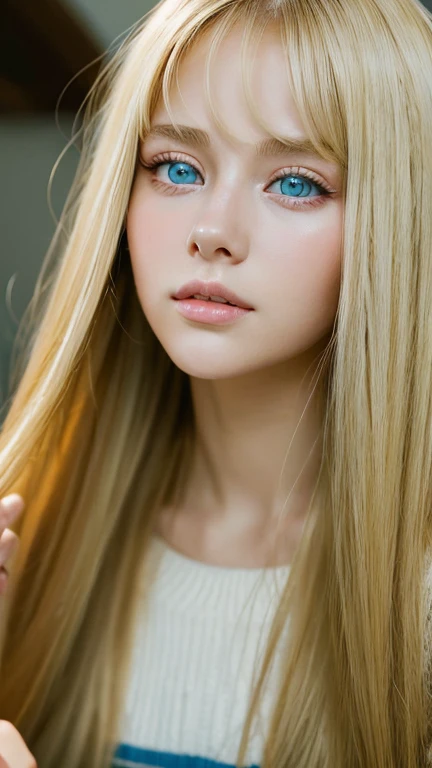 A woman with super long light blonde hair and big light blue eyes is taking a photo, gorgeous young model, Portrait Sophie Mudd, beautiful blonde、bangs between eyes、female model, cute young woman, very beautiful young woman with very big eyes, beautiful model portrait, beautiful young girl, Beautiful young woman, beautiful woman pictures, perfect face, 14 year old beautiful model, Beautiful young face, Beautiful blonde girl