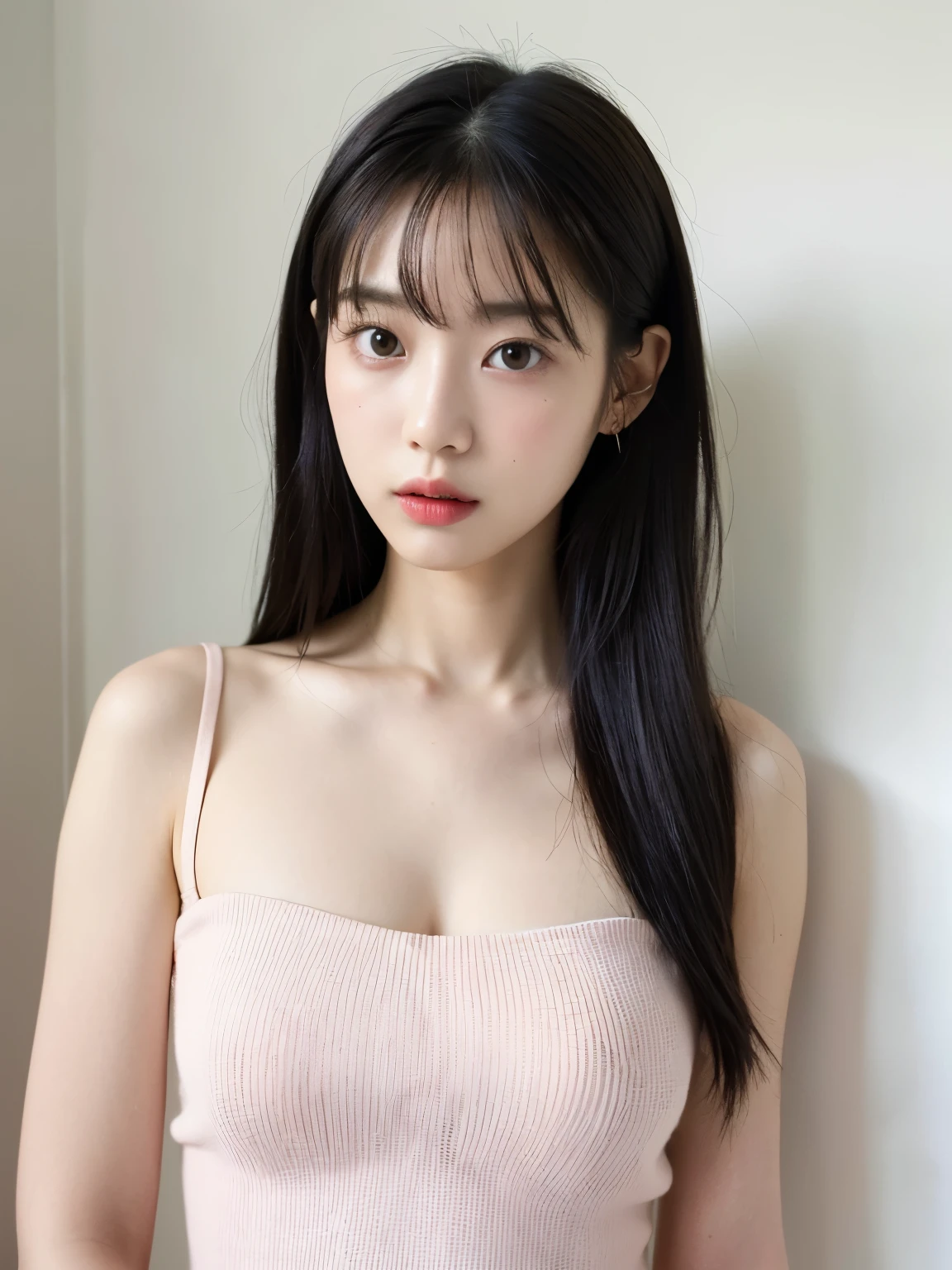See-through tops、巨乳、キャミソール、くびれ、腹筋、さらさらな髪の毛、(背景にwhite wall、Part of her hair is Baby Pink:1.4)、white wall、Taken in front of the white door、(窓のあるwhite wallの部屋)、((highest quality、8K、masterpiece:1.3))、ultra high resolution、(photorealistic:1.4)、raw photos、Japanese,(details face)、real、Shot in natural light、Highly detailed face and skin texture、highly detailed lips、correct state of the human body、medium hair、black hair、various poses、natural color lip