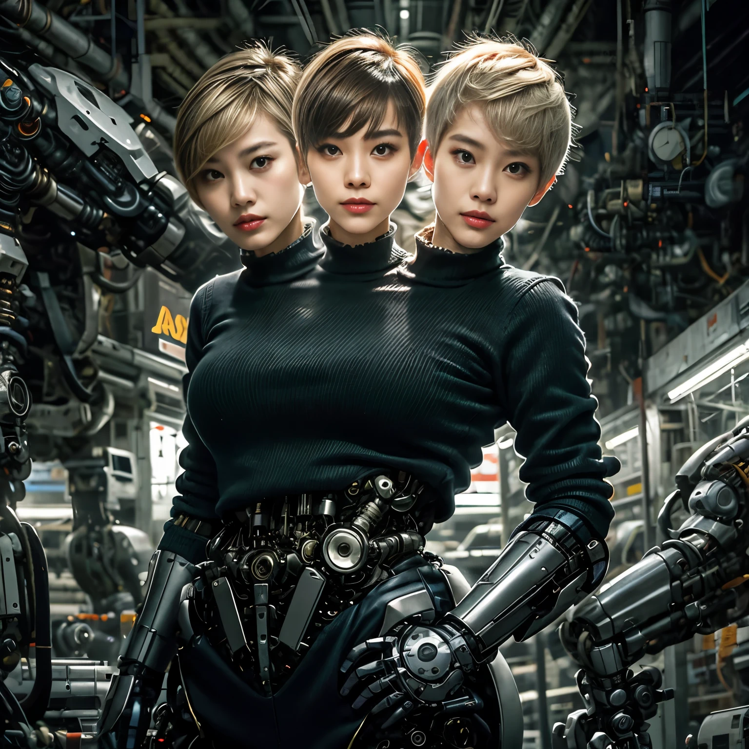 best resolution, 2heads, asian cyborg woman with two heads, pixie cut, ponytail, blonde hair, robot jacket, mechanical background