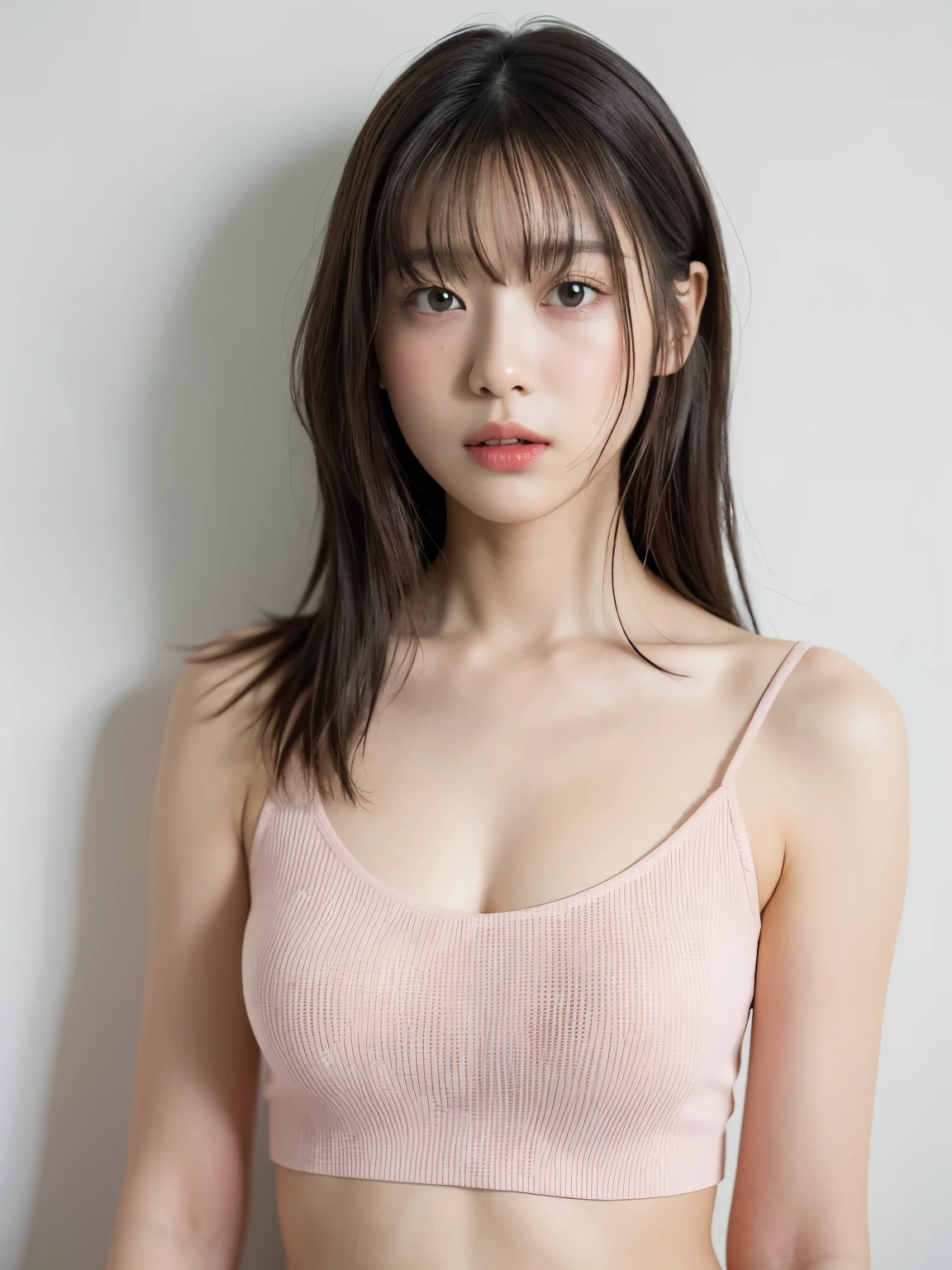 See-through tops、巨乳、キャミソール、くびれ、腹筋、さらさらな髪の毛、(背景にwhite wall、Part of her hair is Baby Pink:1.4)、white wall、Taken in front of the white door、(窓のあるwhite wallの部屋)、((highest quality、8K、masterpiece:1.3))、ultra high resolution、(photorealistic:1.4)、raw photos、Japanese,(details face)、real、Shot in natural light、Highly detailed face and skin texture、highly detailed lips、correct state of the human body、medium hair、black hair、various poses、natural color lip