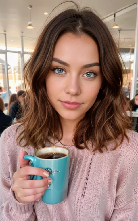 beautiful redhead wearing pink sweater (sipping coffee inside a modern café at sunset), very detailed, 21 years old, innocent face, natural wavy hair, blue eyes, high resolution, masterpiece, best quality, intricate details, highly detailed, sharp focus, detailed skin, realistic skin texture, texture, detailed eyes, professional, 4k, charming smile, shot on Canon, 85mm, shallow depth of field, kodak vision color, perfect fit body, extremely detailed, foto_\(ultra\), photorealistic, realistic, post-processing, maximum detail, roughness, real life, ultra realistic, photorealism, photography, 8k uhd, photography