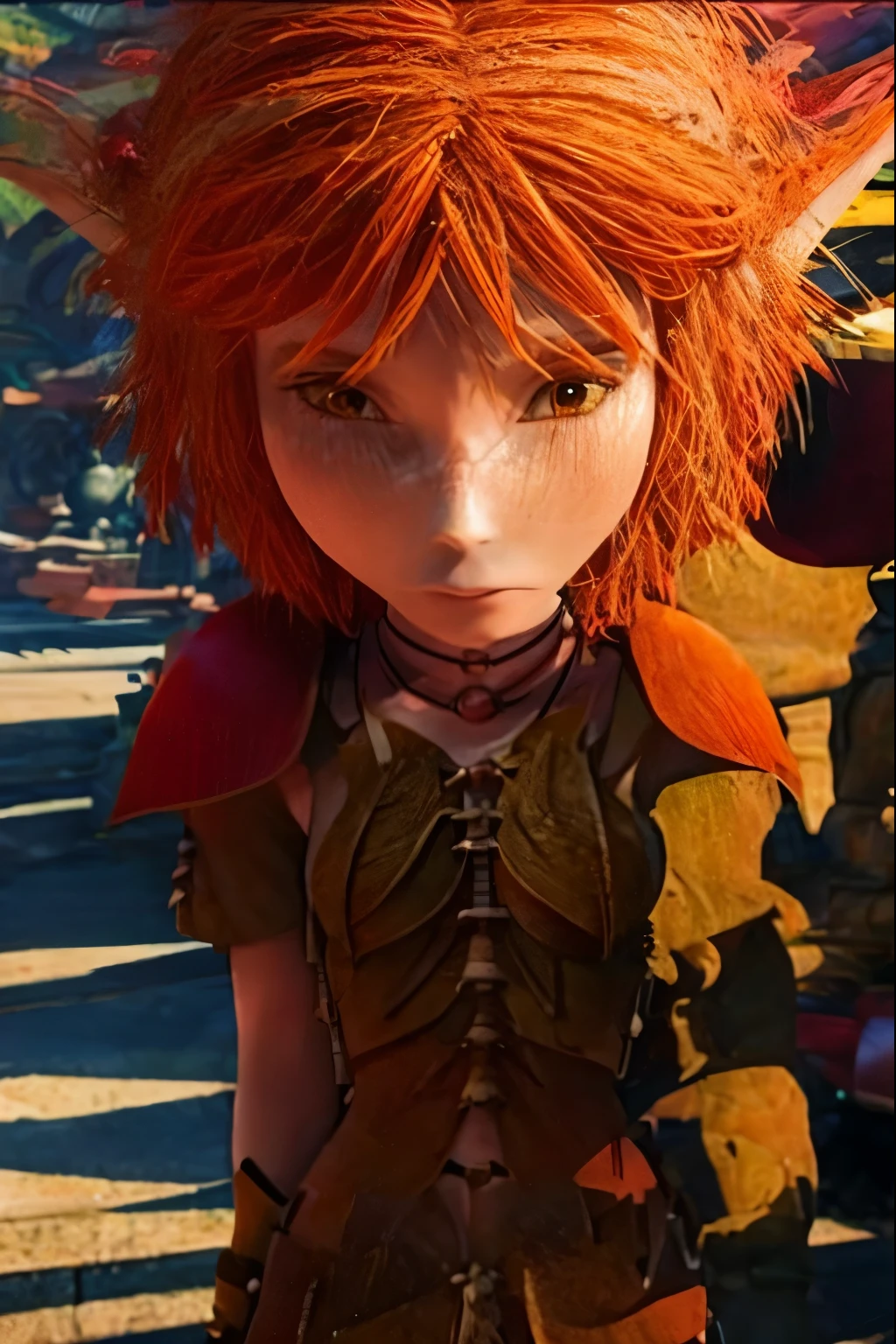 Ultra high texture Picture of Selenia, Arthur and the Invisbles movie, close up picture, shy face expression, 3d figure character, dark room background, sun light effect, shine bright fave, pointed ears, red-orange hair, detailed hair , short hair, Female animation character, hyperrealistic design