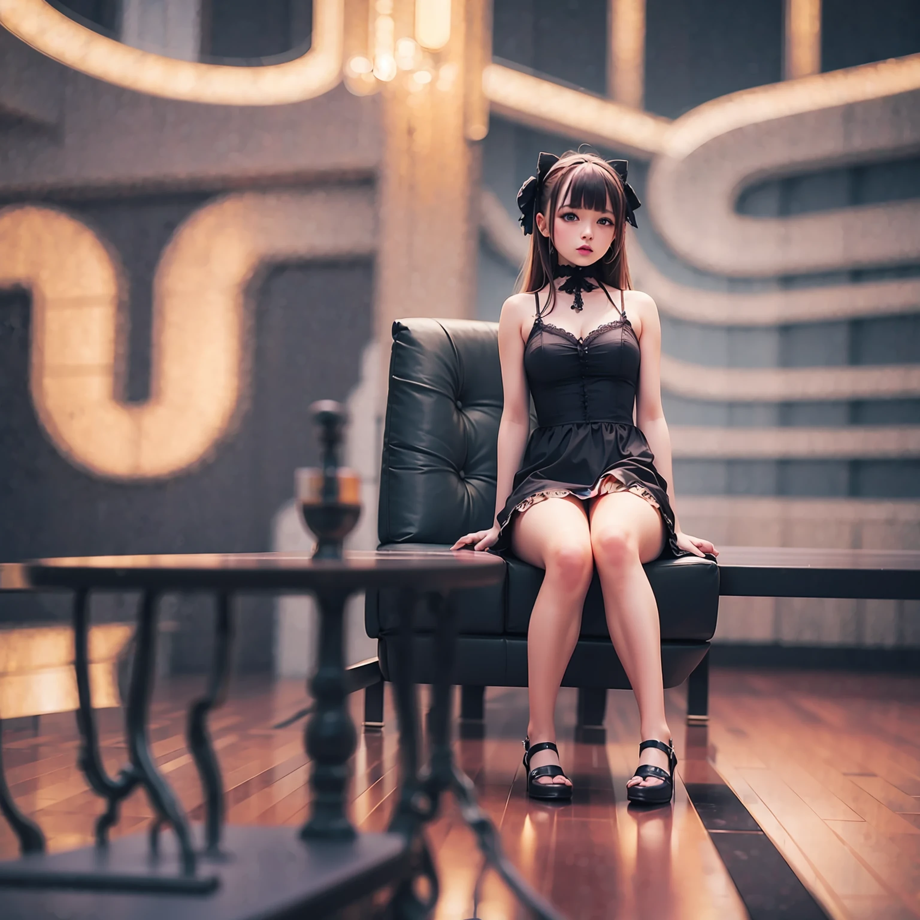 (highest quality,High resolution,masterpiece:1.2), super detailed,(realistic:1.37),(baroque), (Gothic Lolita), (cute), 1 girl, (alone), (whole body), (Black sofa), (black dress), (absurd), (white lace), (red lips)