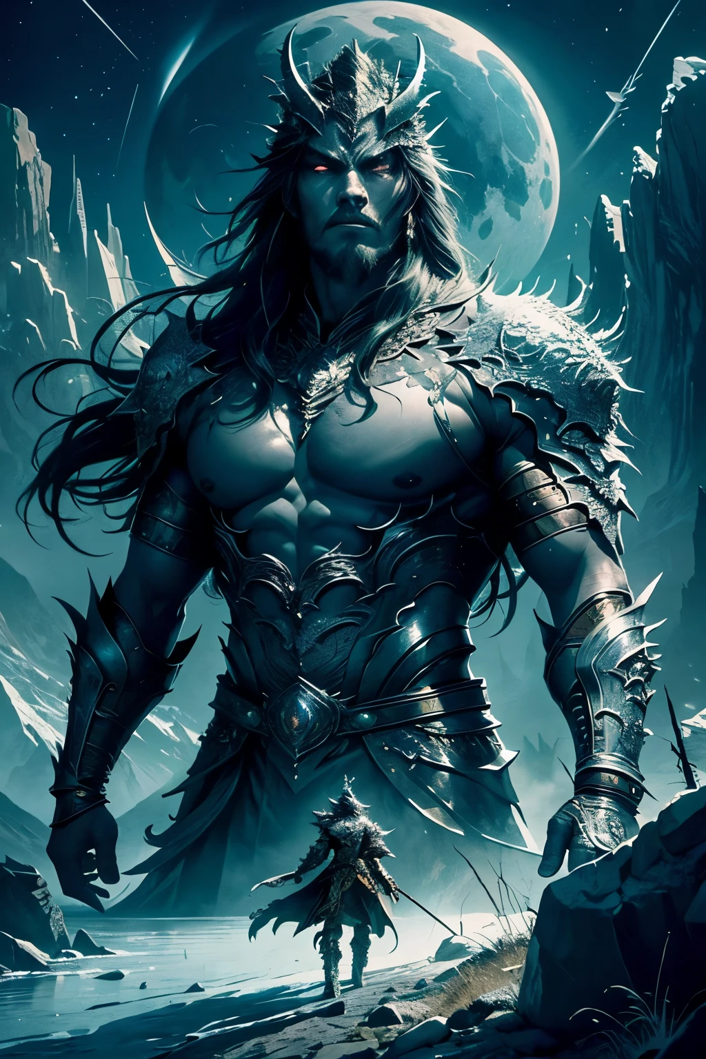 Masterpiece, Best Quality: A majestic dragon lord, Extremely Powerful, with a body covered in Silver-Black Scales that shimmer under the moonlight, his Withering Gaze piercing through the night as he rests Under the Mountain. The intricate details of his scales are Extremely Detailed, each one appearing finely-grained and textured. His eyes are vivid and lifelike, exuding an aura of immense strength and wisdom. The scene is set against a backdrop of the mountainous landscape, the rugged terrain and rocky cliffs depicted in Ultra High Resolution, giving a stunningly Realistic representation of the majestic dragon lord's domain. The colors