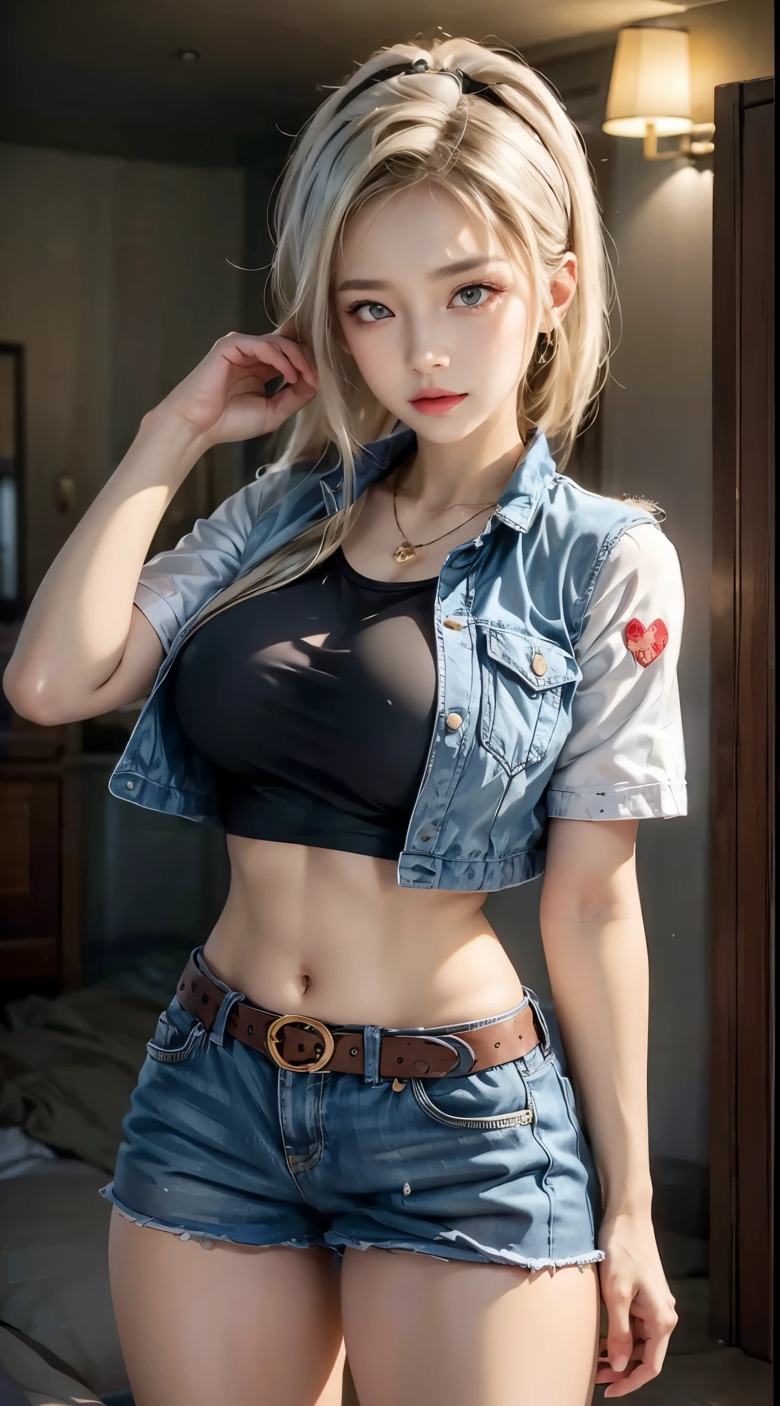 realistic, 1 women, best quality, 12k, HD, long hair, big round breasts, cleavage, ponytail, necklace, jewelry, shorts, short jacket, slim hips, hair tie, yellow eyes, black hair, super detailed, Eye details, hair details, person details, mouth details, face details, breast details, clothes details, hair details, pants details, hand details, whole body