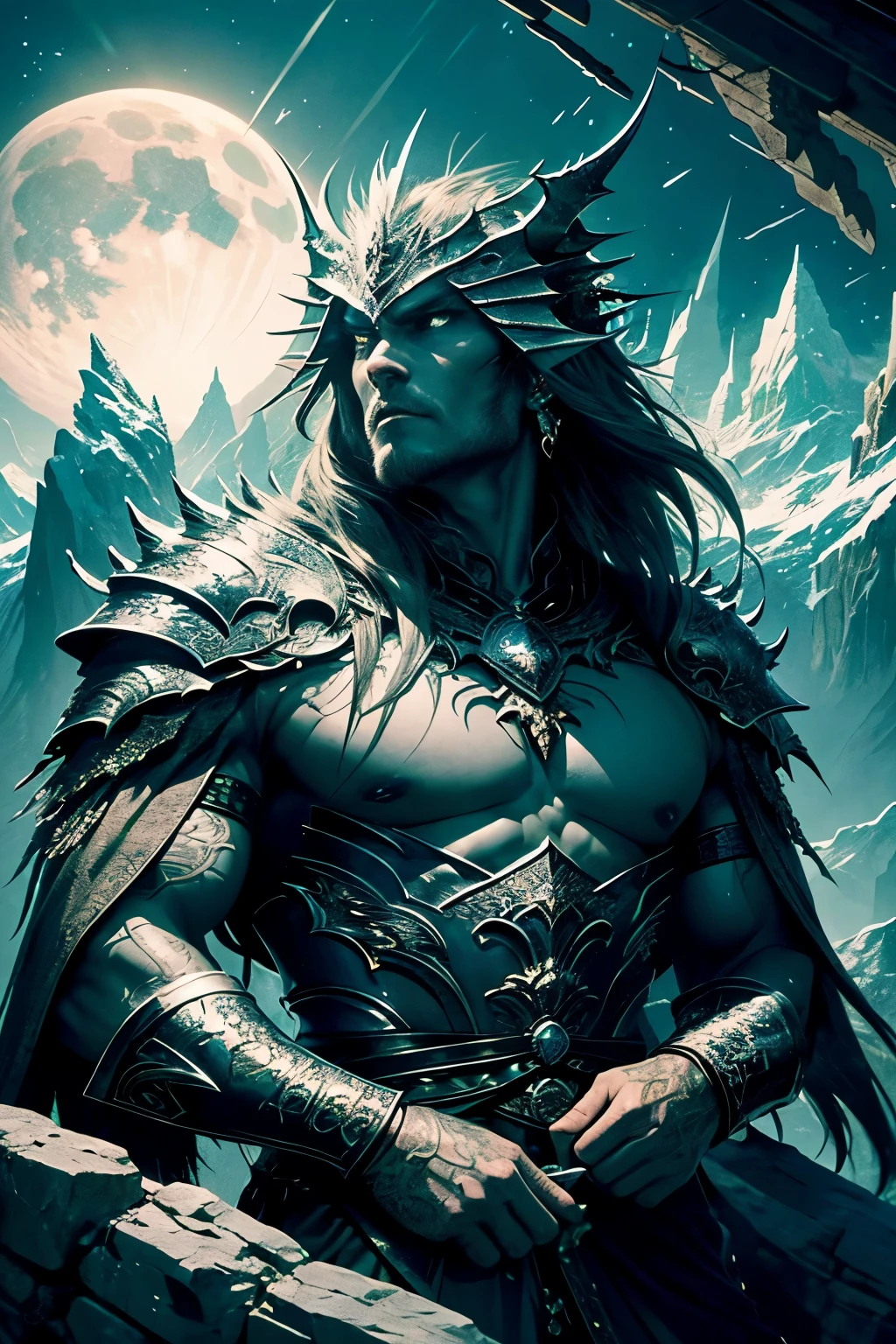 Masterpiece, Best Quality: A majestic dragon lord, Extremely Powerful, with a body covered in Silver-Black Scales that shimmer under the moonlight, his Withering Gaze piercing through the night as he rests Under the Mountain. The intricate details of his scales are Extremely Detailed, each one appearing finely-grained and textured. His eyes are vivid and lifelike, exuding an aura of immense strength and wisdom. The scene is set against a backdrop of the mountainous landscape, the rugged terrain and rocky cliffs depicted in Ultra High Resolution, giving a stunningly Realistic representation of the majestic dragon lord's domain. The colors