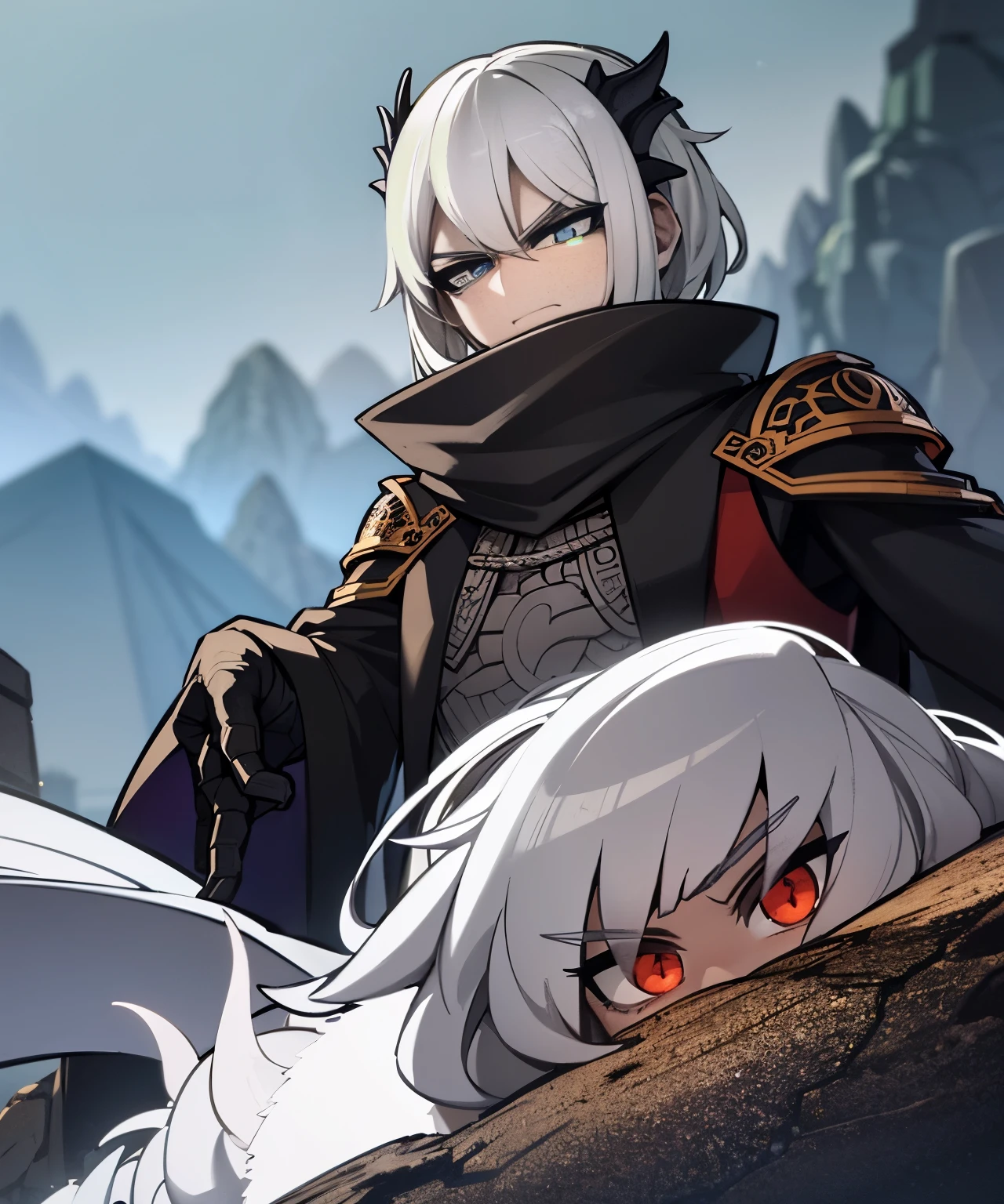 a dragon lord, extremely powerful, silver-black scales, withering gaze, under the mountain.