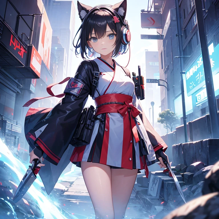  (((arm、knife、armを持つ))) (((Cyberworld))),cinematic light, ((Japanese style))((1 Mechanical Girl)),alone, ,whole body,kimono、(mechanical joint:1.4),Expressionless,(headphones),small breasts,short hair,character focus,SF、flower hair ornament、knife、