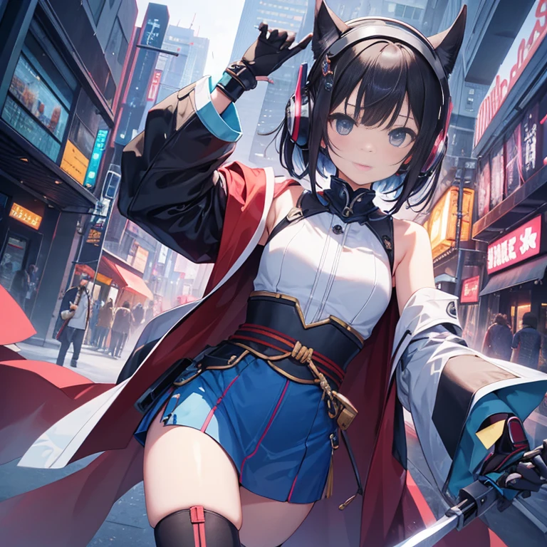 (((arm、knife、armを持つ))) (((Cyberworld))),cinematic light, ((Japanese style))((1 Mechanical Girl)),alone, ,whole body,kimono、(mechanical joint:1.4),Expressionless,(headphones),small breasts,short hair,character focus,SF、flower hair ornament、knife、