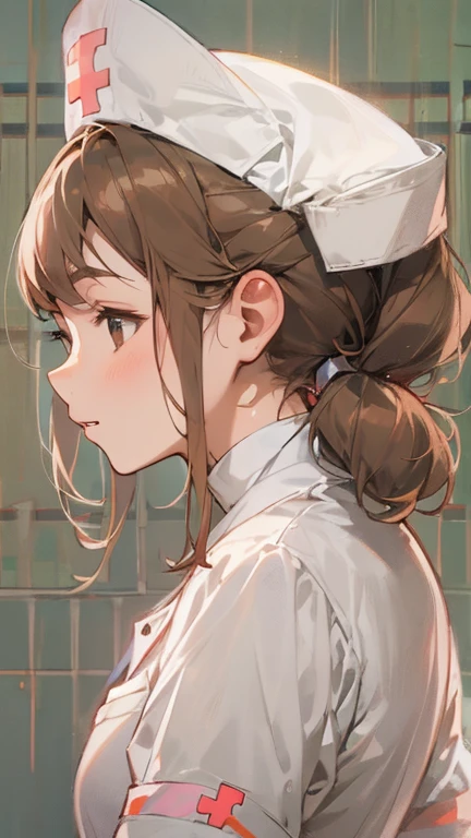 masterpiece, 最high quality, high quality, urtra detailed, Female 1、30 years old、alone, female focus,　looking at the camera、Upper body、Brown hair tied back elegantly、nurse、Cleanliness