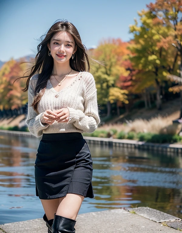 (masterpiece:1.3), (realistic:1.3), 8K, very high resolution, exposed exposed, cinematic lighting, dynamic lighting, fine hair, real hands, DetailPace(Detailed pace), detail eyes, 17-year-old girl with a cute face, ,naked, Ul River(Urjan), blue eyes, long brunette hair, middle chest, perfect body, clear white skin, earrings, necklace, blush, cheerful, smile, teeth, naked ((Black knitted tops:1.3)), ((black skirt:1.3)), (((Lifting skirt 1.2))), (black long boots:1.3), in , (((the wind is strong))), ((autumn)), (((Are standing)))