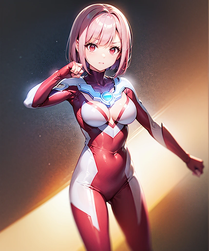 one person,red haired woman,red hair,short bob,red eyes, (Ultra Girl :1.0), silver and red ultraman bodysuit,big breasts,Put your hands on your hips,fist,Turn your back to your audience,back view,butt