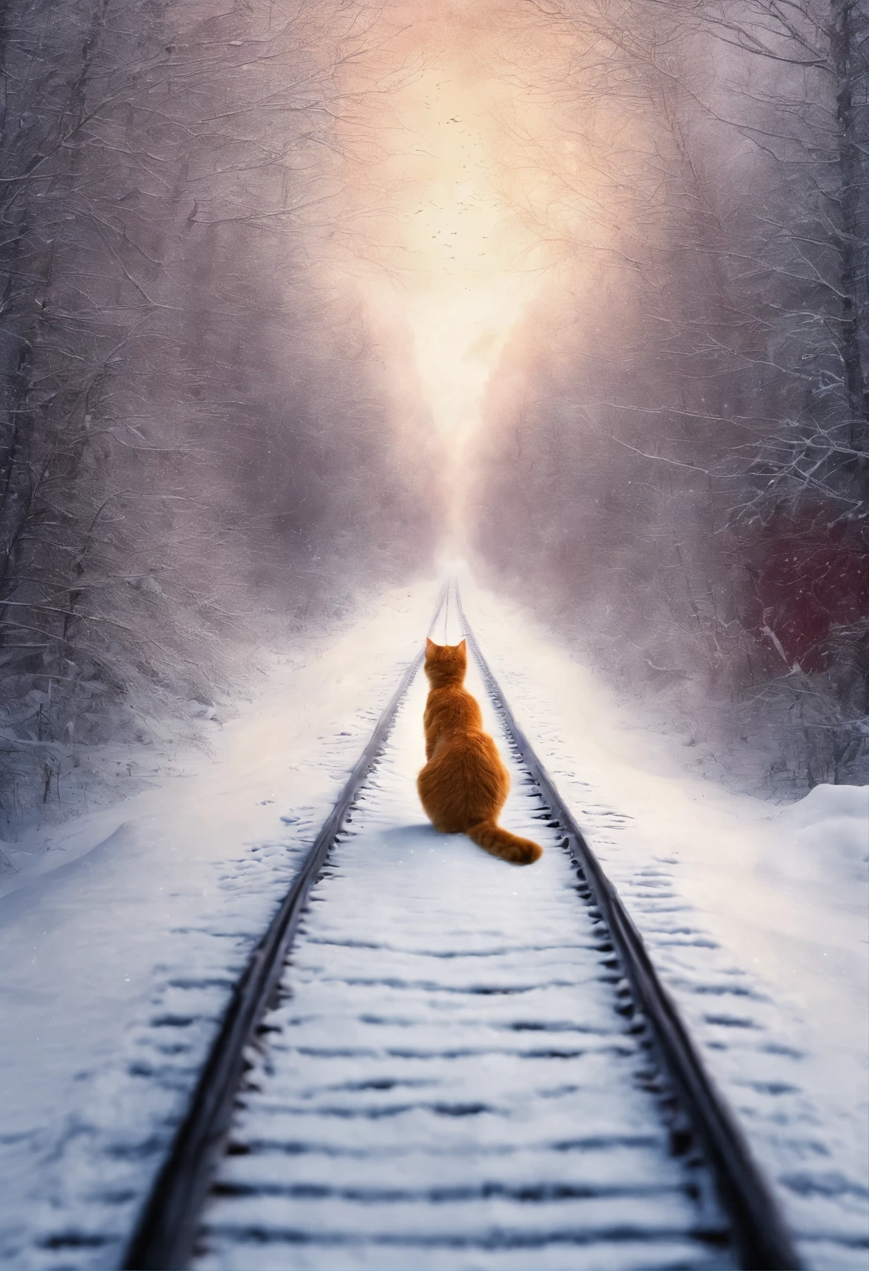 The cat looks in horror at the departing train, Cat tracks, red and white cat, Heavens, железная дорога в Heavens, snow, snowstorm, Train